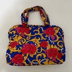 Chinese Rose Folding 4 Compartments Accordion Travel Bag Blue 100% Silk Floral